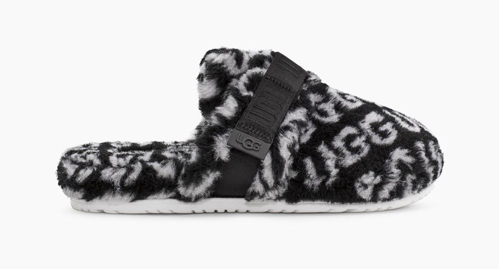 Ugg Fluff It Pop - Mens Slippers - Black / White - NZ (6108OHMFN)